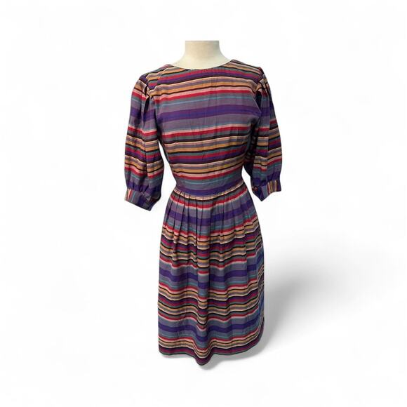 VINTAGE LANZ STRIPE LOW BACK POCKETS BALLOON SLEEVES DRESS SZ M/L - Picture 6 of 6